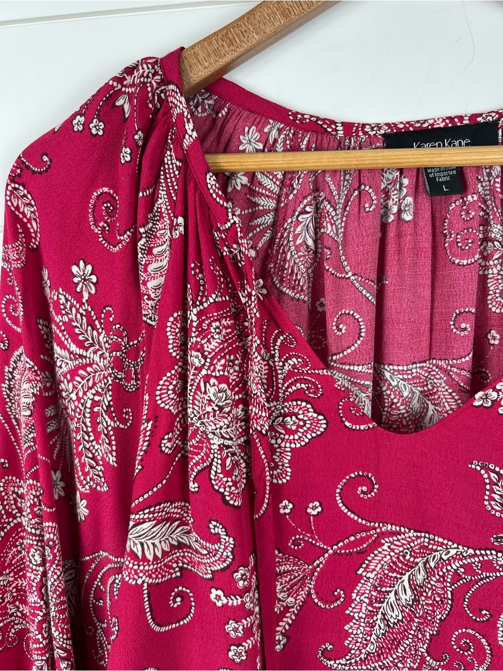 Karen Kane Paisley Peasant Blouse Women Large Pink Balloon Sleeve Boho - Picture 5 of 13
